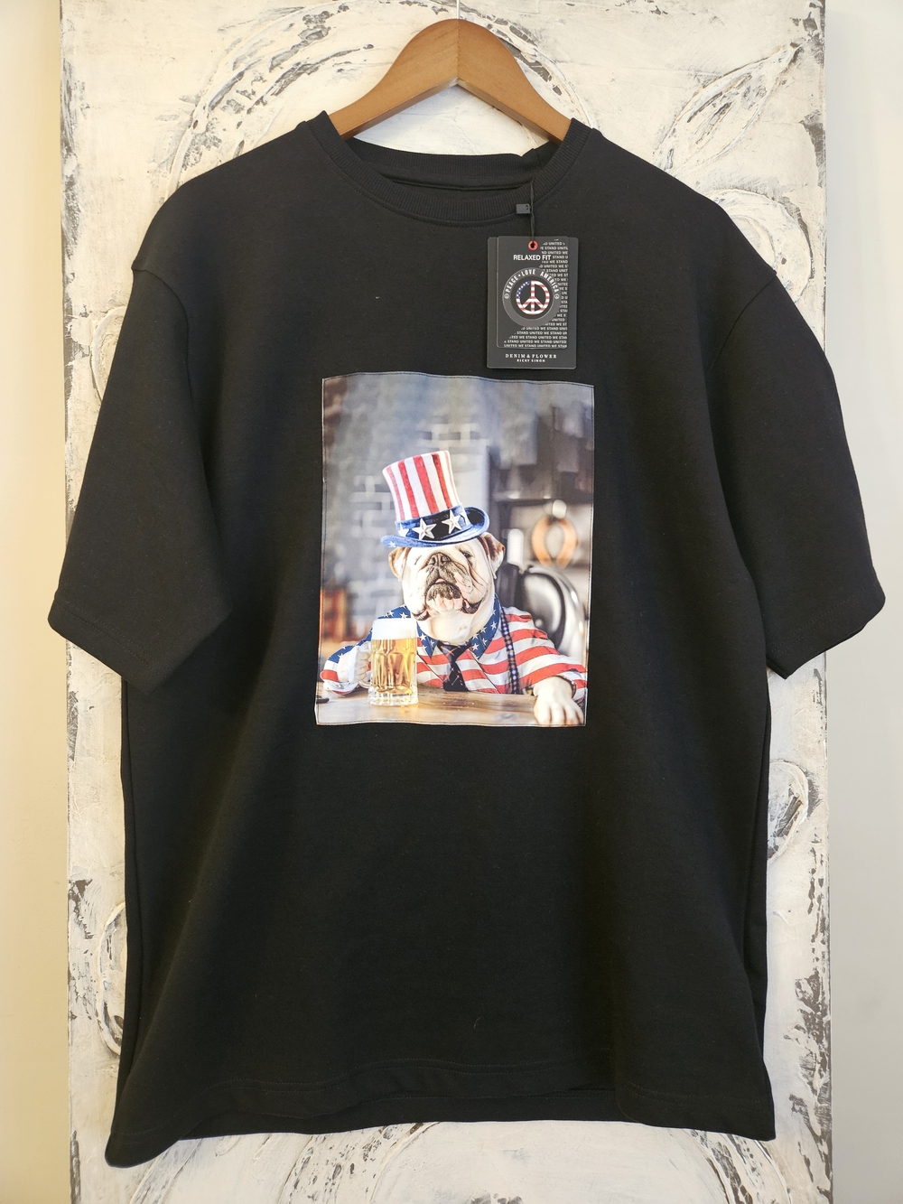 Denim & Flower Black Short Sleeve Tee with Patriotic Bulldog Print